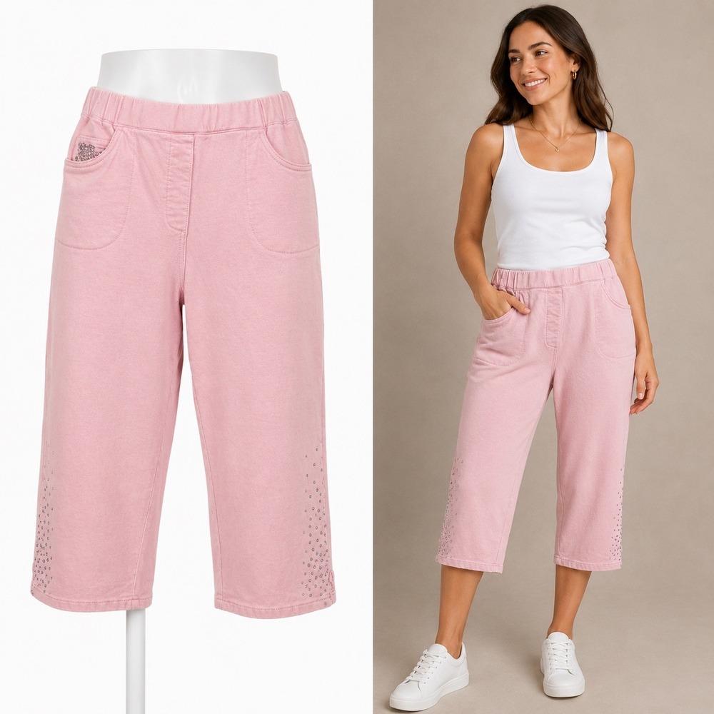 Quacker Factory DreamJeannes Pants Women S Pink Capri Rhinestone Elastic Waist